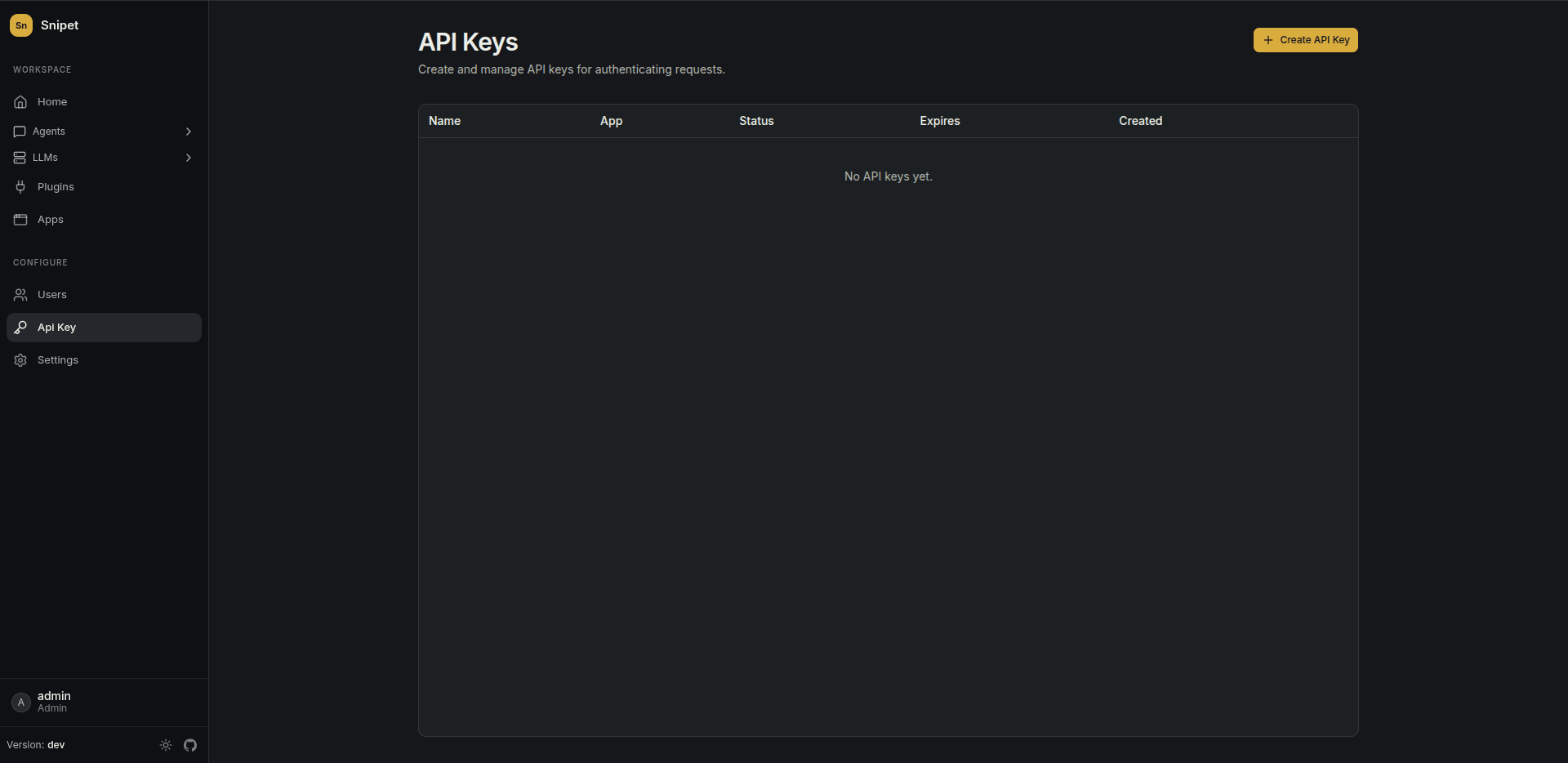 API keys page